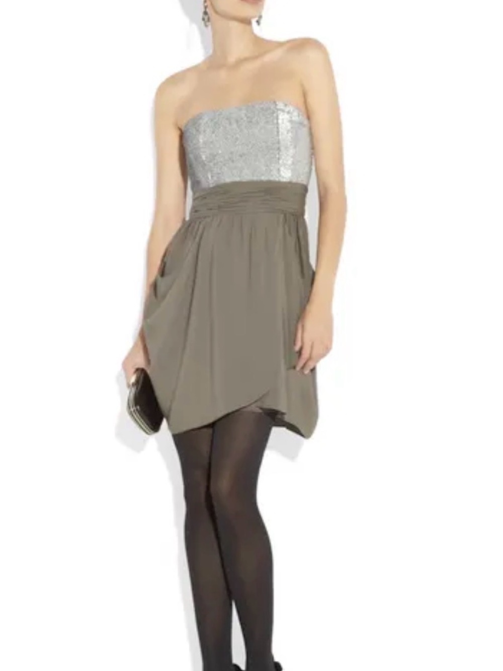 Alice + Olivia Strapless Silver Sequin Bodice with Taupe Skirt Dress